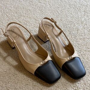 Sam Edelman Tarra2 Two-Tone Beige and Black Slingback Block Heel Pumps